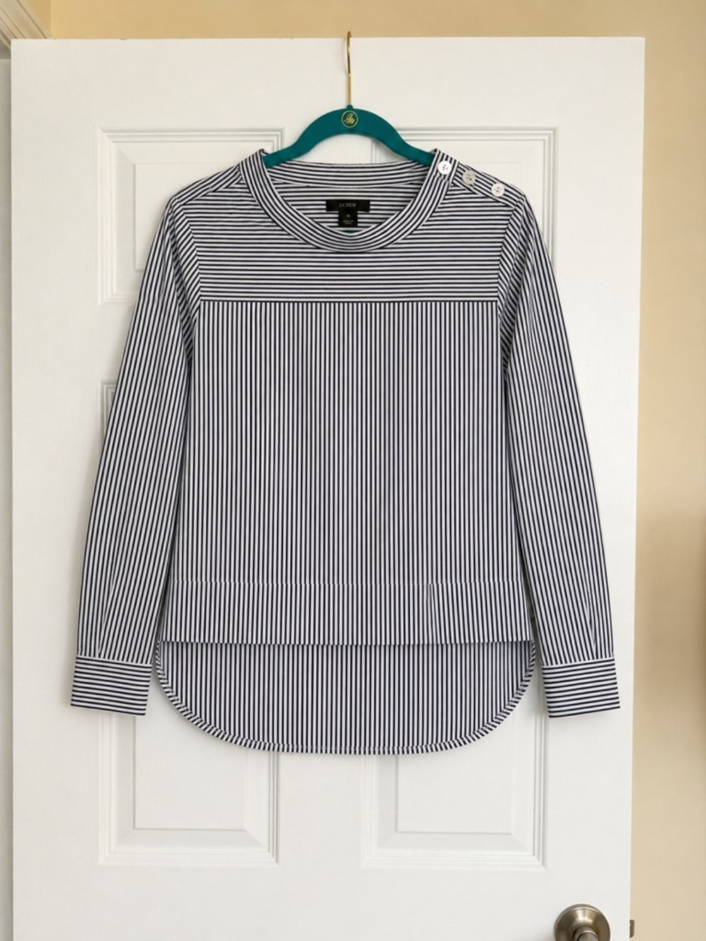 J. Crew Blue and White Striped Button-Shoulder Long-Sleeve Tee high low - Picture 2 of 4